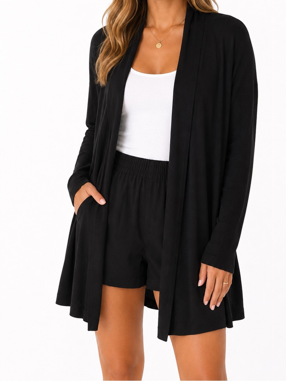 NWT Magaschoni Black Open Front Cardigan Sweater XL Lightweight Knit Duster
